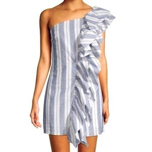 Romeo & Juliet Couture One Shoulder Ruffle Dress White Blue Striped Size S NWT